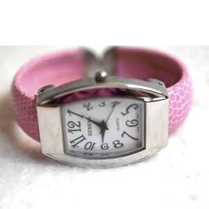 Geneva Pink 5" Cuff Silver Tone New Battery Gently Worn Cottagecore Casual Watch